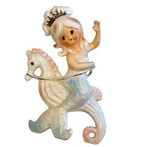 Vintage Lefton Mermaid Riding Seahorse Wall Plaque Figurine Ceramic Rhinestone
